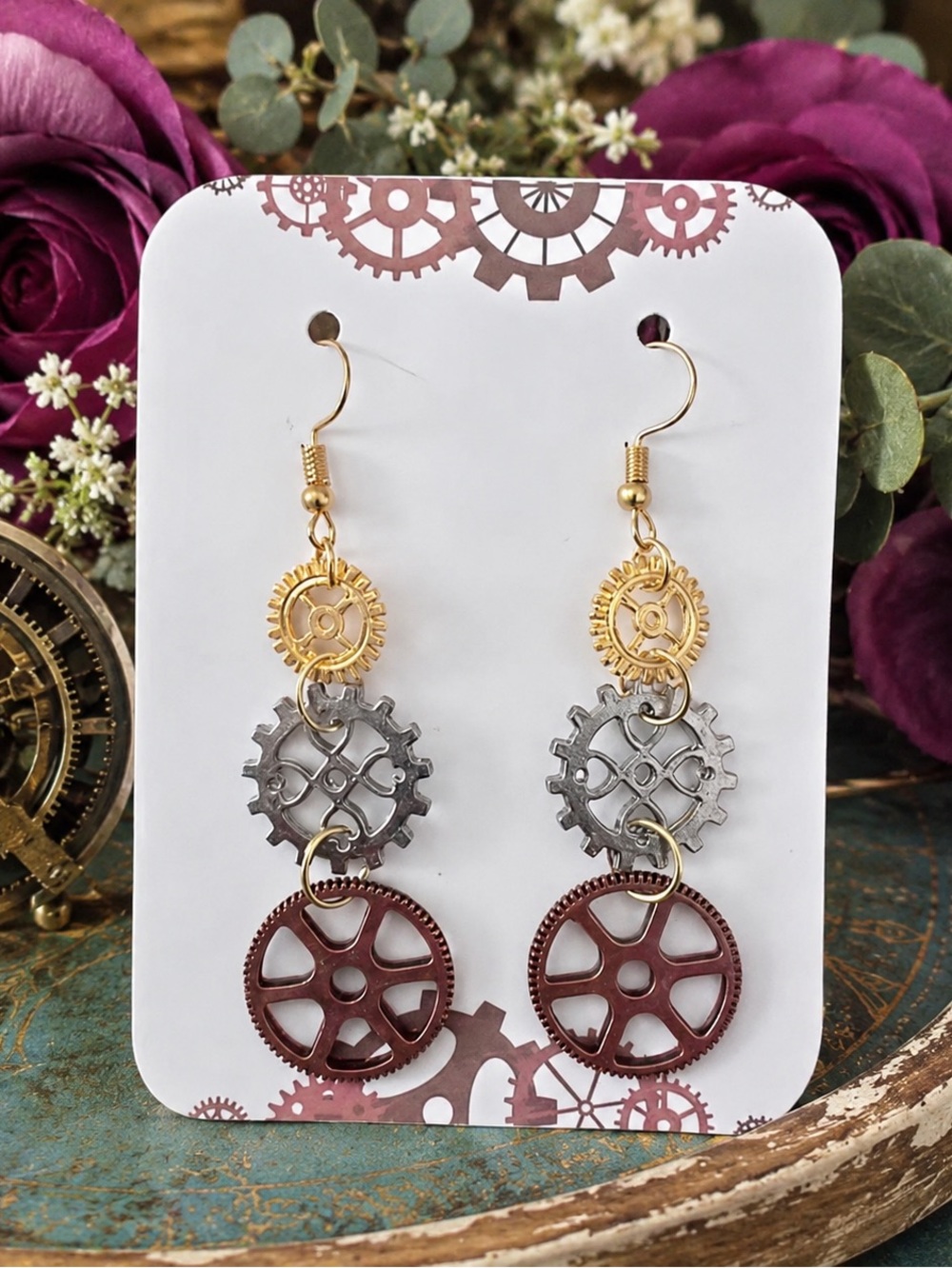 Handmade Steampunk Gear Dangle Earrings Gold Silver Copper 2.75” | Version 11